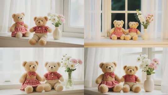 窗台上的两只泰迪熊玩偶高清在线视频素材下载