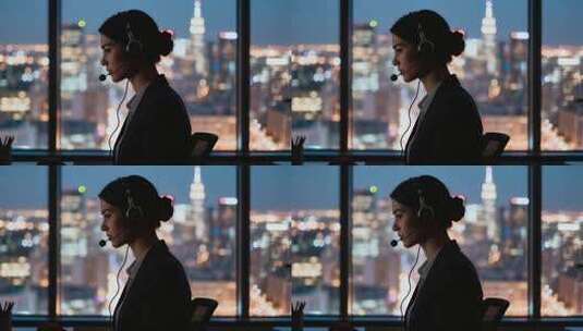 戴耳机女性于办公室工作场景高清在线视频素材下载