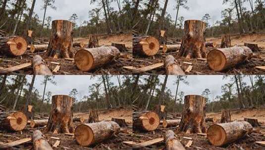 森林砍伐后的树桩与原木高清在线视频素材下载