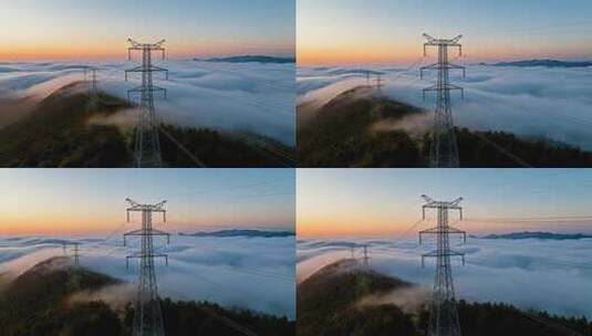 晨曦云海中的高压电塔电力铁塔风光高清在线视频素材下载