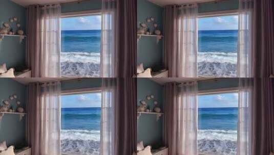 室内望窗外大海与海浪景观高清在线视频素材下载