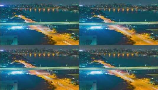 城市河流夜景交通俯瞰高清在线视频素材下载