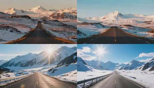 雪地公路与远处雪山景象高清在线视频素材下载