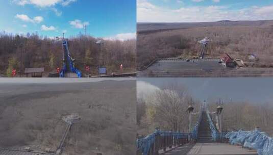 森林中装饰蓝绸带的台阶景观高清在线视频素材下载