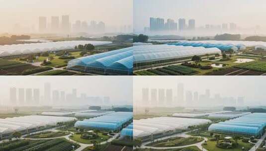 城郊蔬菜大棚与城市天际线景观高清在线视频素材下载