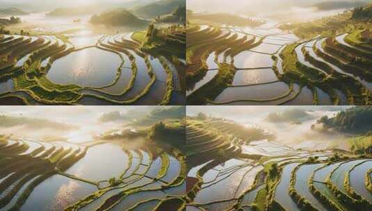 晨曦中梯田的美丽风光高清在线视频素材下载
