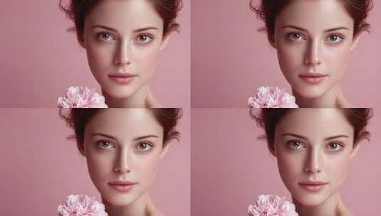 粉色背景下美丽女性的肌肤护理展示高清在线视频素材下载