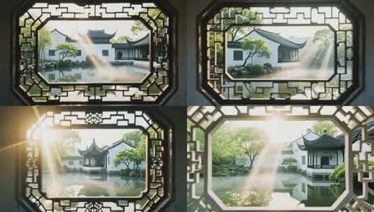 中式园林透过窗格的景观高清在线视频素材下载