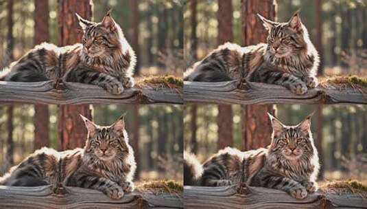 林间缅因猫趴卧在木头上高清在线视频素材下载