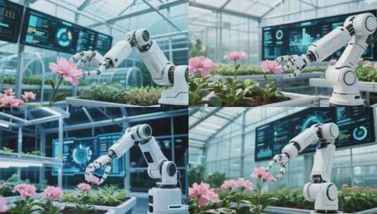 温室大棚内机器人接触花朵高清在线视频素材下载