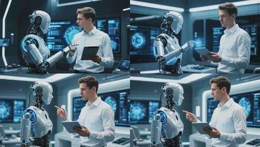 男子与机器人互动交流场景高清在线视频素材下载