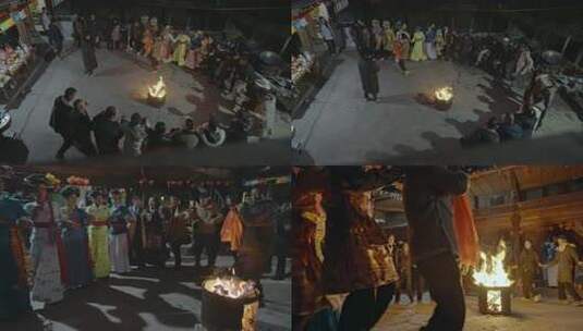 众人围篝火观看民俗表演高清在线视频素材下载