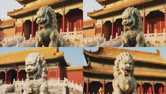 故宫前的石狮子景观高清在线视频素材下载