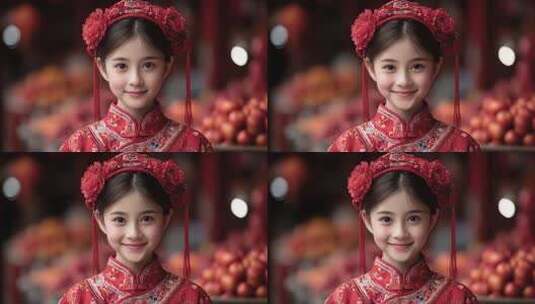 身着中式礼服的可爱女孩新年祝福高清在线视频素材下载