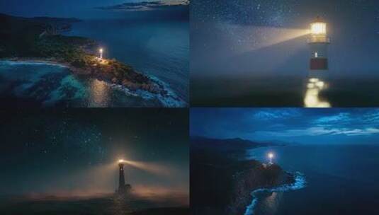 海边悬崖灯塔夜景俯瞰高清在线视频素材下载