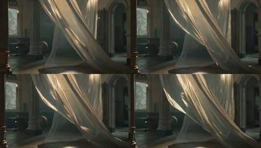 室内飘动的白色纱帘素材高清在线视频素材下载