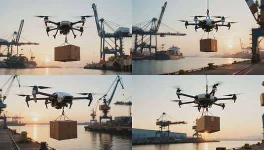 港口无人机吊运货物场景高清在线视频素材下载