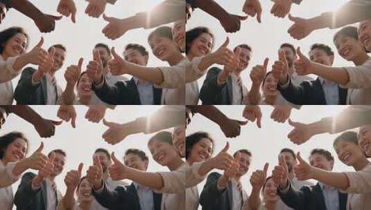 团队成员户外集体竖大拇指高清在线视频素材下载