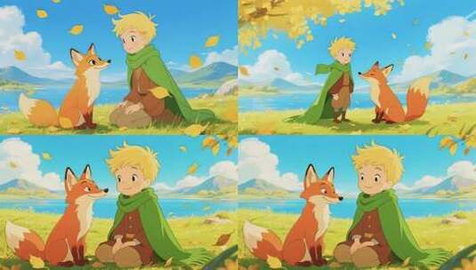 男孩与狐狸对视动画素材高清在线视频素材下载