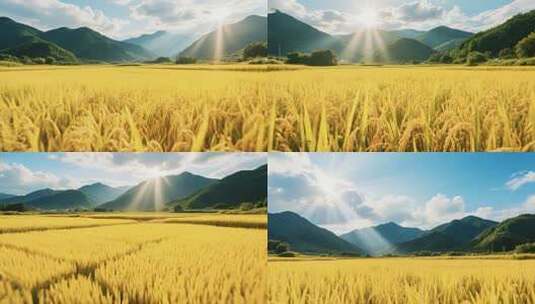 山间金黄稻田全景高清在线视频素材下载