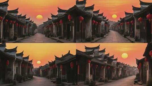 古镇夕阳下的徽派建筑街道高清在线视频素材下载