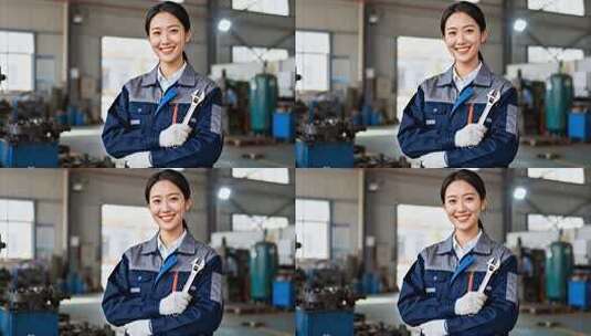 车间女工人手持扳手形象高清在线视频素材下载
