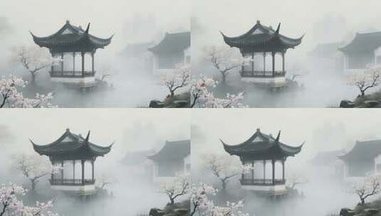 中式园林雾气中的亭子景观高清在线视频素材下载