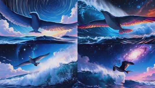 鲲鹏 古代神兽 星夜海浪海鸥逐梦天涯高清在线视频素材下载