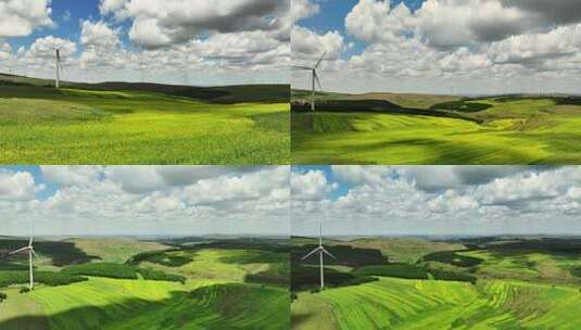 蓝天白云草原油菜花风力发电场大风车高清在线视频素材下载