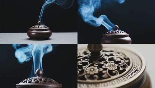 蓝色烟雾缭绕的古代香薰罐高清在线视频素材下载