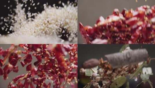 4K飞溅的芝麻花椒八角桂皮香料盐粒高清在线视频素材下载