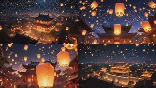 古风建筑夜放孔明灯 孔明灯照亮古寺夜空高清在线视频素材下载