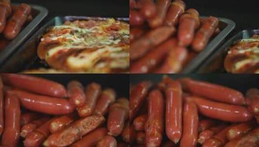 快餐食品 变焦移动镜头 烤肠 披萨高清在线视频素材下载