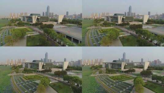 武汉琴台航拍建筑物荷花池高楼大厦广场高清在线视频素材下载