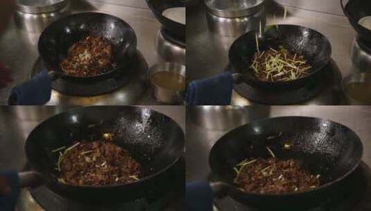 饭店后厨制作老北京炒烤肉夹馍高清在线视频素材下载