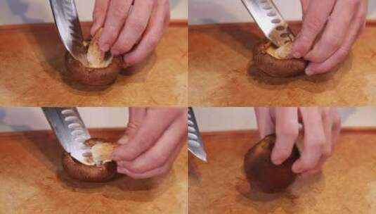菜刀案板切鲜香菇蘑菇丁高清在线视频素材下载