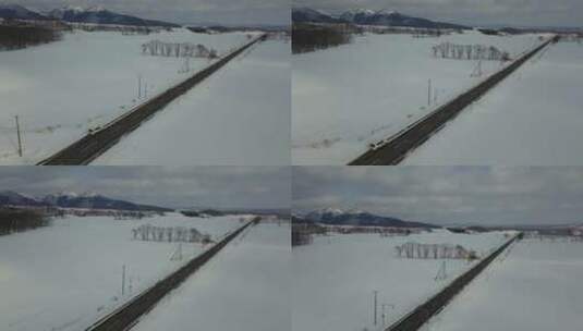 日本北海道雪原公路自驾游风光航拍高清在线视频素材下载