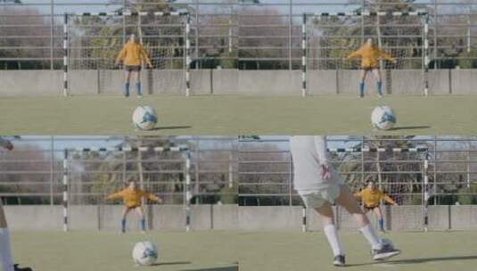 女孩在球场踢球高清在线视频素材下载