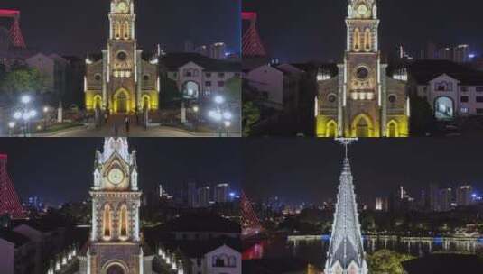 宁波三江口江北天主教堂夜景高清在线视频素材下载