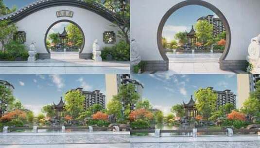 新中式园林拱门景观三维动画高清在线视频素材下载