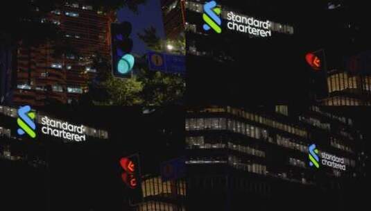 2023广州天河红绿灯渣打银行加班夜景高清在线视频素材下载