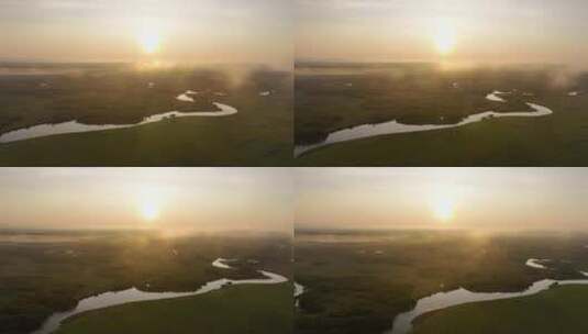 航拍大兴安岭扎敦河湿地晨雾风景高清在线视频素材下载