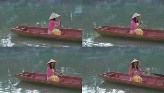 女人在河上划船高清在线视频素材下载