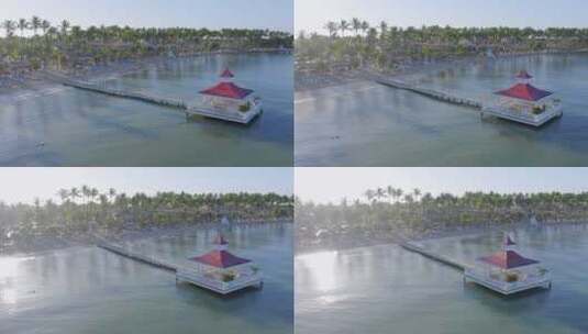 加勒比海田园诗般的海滩上的凉亭，巴伊亚普林西比岛大；无人机高清在线视频素材下载