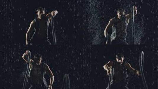 男人在雨中甩绳子锻炼，力量感，爆发高清在线视频素材下载