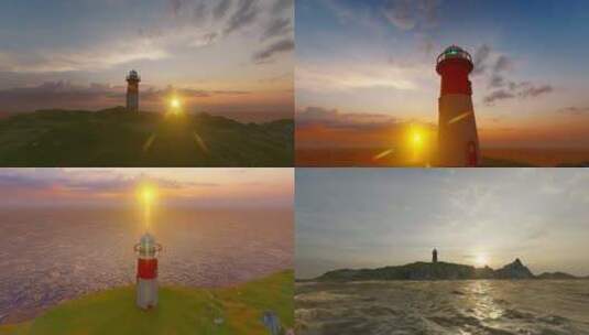 黄昏夕阳照耀下的海岸灯塔航拍高清在线视频素材下载