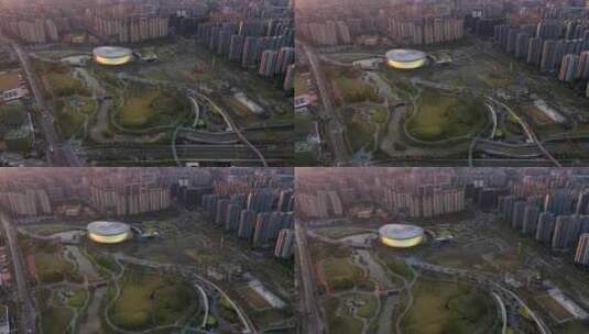 杭州拱墅区大运河亚运公园晨曦航拍高清在线视频素材下载