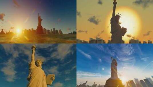 夕阳下美国纽约自由女神像雕塑像高清在线视频素材下载
