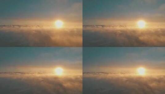 地面雾上的日落。南极洲无人机飞行高清在线视频素材下载