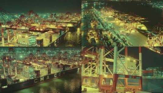 运输物流港口贸易经济发展青岛港夜景航拍高清在线视频素材下载